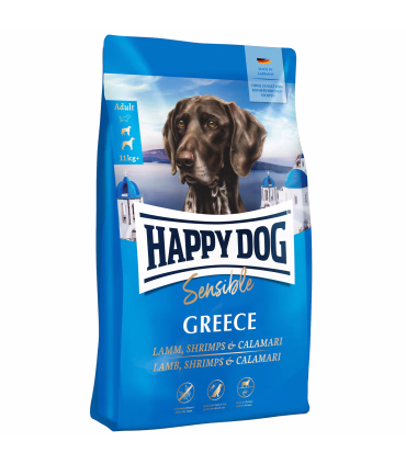 Happy Dog Greece – velsmagende, glutenfrit foder til voksne hunde med lam og skaldyr.