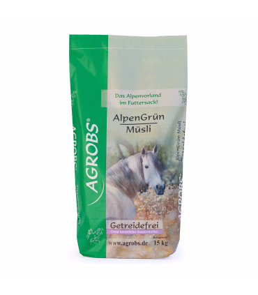 Agrobs Alpengrün Müsli – naturlig, kornfri og fiberrig til alle heste.