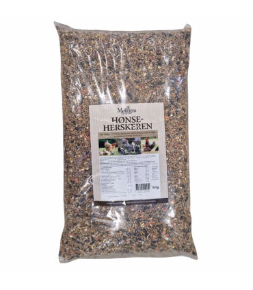 Møllerens HønseHerskeren – fuldfoder til hobbyhøns i 15 kg sæk.