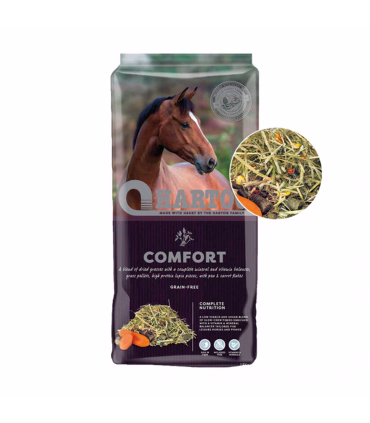 Hartog Comfort – kornfri, fiberrig foderblanding til heste med tørrede græsser, ærter, lupiner og gulerodsflager.