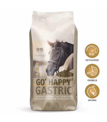 Amequ GO' Happy Gastric 15 kg – skånsomt energifoder til sportsheste med sensitiv fordøjelse.